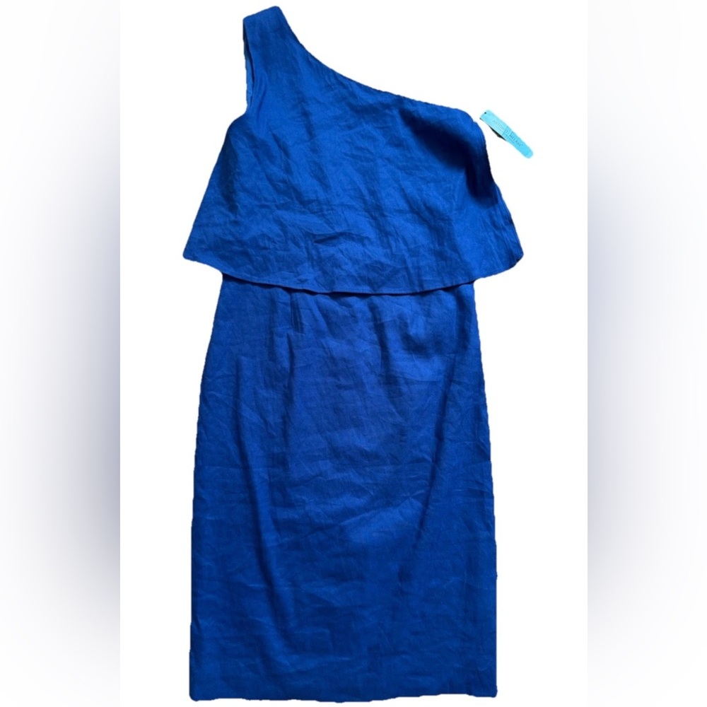 NWT Antonio Melani JJ Dress Sheath Womens Sz 6 One Shoulder Linen Ocean Blue